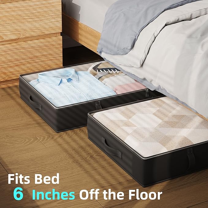 2-Pack Under Bed Storage, 6 Inches Tall Closet Organizers and Storage Bins with Sturdy Sidewalls/Bottom/4 Handles, Black-Ruum Studio Home