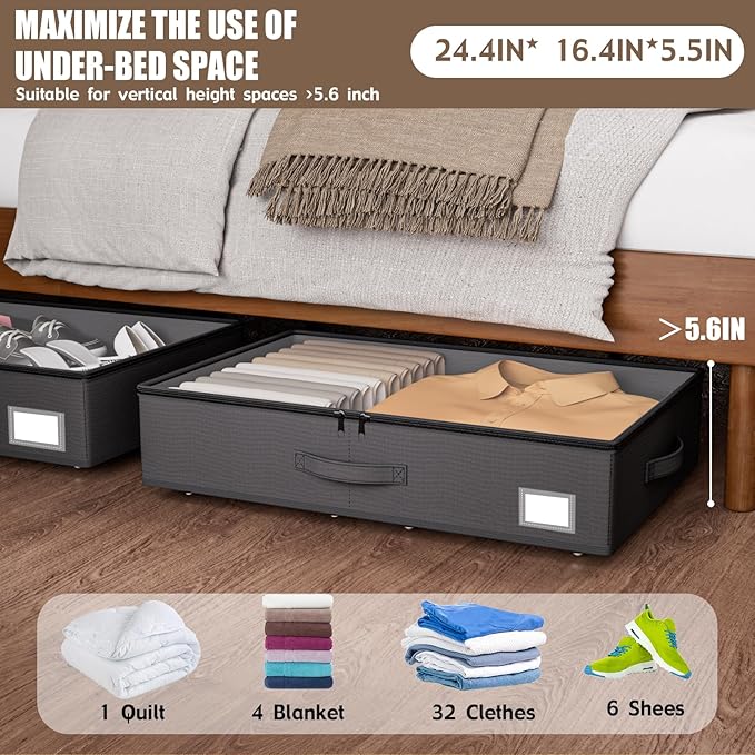 Underbed Storage With Wheels, No Assembly Required - 5.5 Inch Height Black Underbed Bins, Low Profile Rolling Shoe Storage Containers for Dorm-Ruum Studio Home