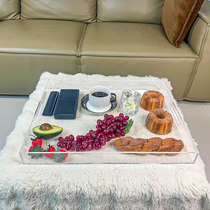 Clear Rectangular 16x20 Inches Acrylic Ottoman Tray Decorative Serving Tray with Cutout Handles Organizer Tray on Coffee Table Countertop Big Breakfast Bed Tray Living Room Appetizer Serving Food-Ruum Studio Home