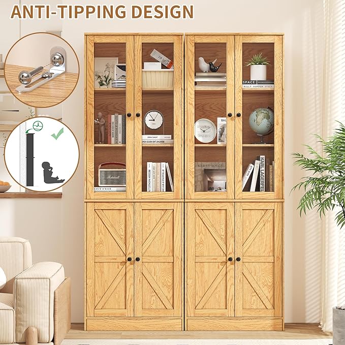 71" Tall Bookcases Set of 2, Bookshelves with Doors, 5-Shelf Bookcase with Storage, Wooden Bookshelf Floor Standing Display Storage Shelves Home Decor Furniture for Living Room,Bedroom,Natural-Ruum Studio Home