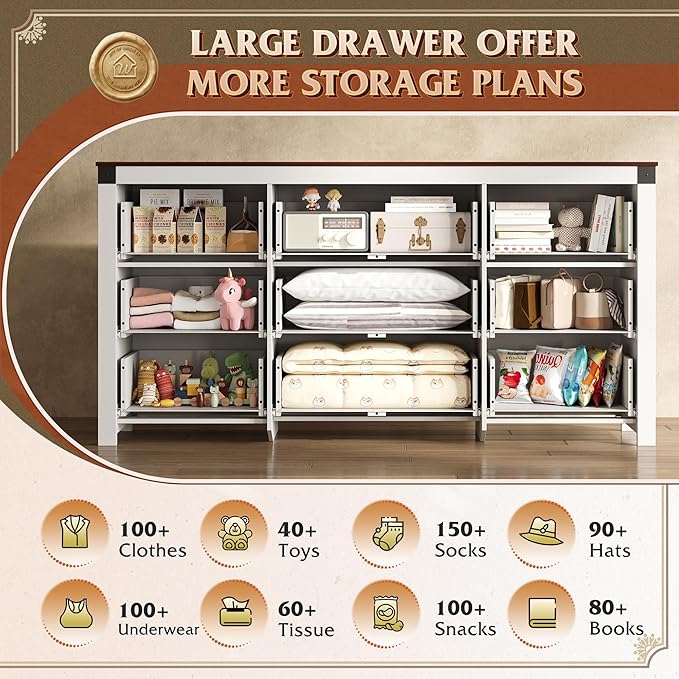 WLIVE Farmhouse Dresser for Bedroom, 63" Wide 9 Drawer Dresser Storage Organizer, Wood Chest of Drawers for Bedroom, TV Stand for 70 inch TV, for Living Room, Hallway, Ball Bearing Slide (White)-Ruum Studio Home