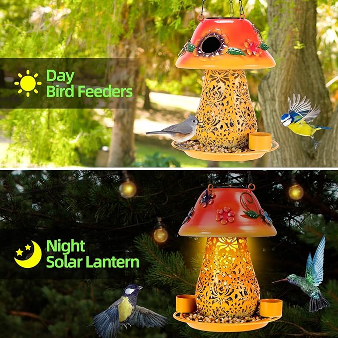 Mushroom Solar Bird Feeders for Outdoors Hanging Metal Wild Bird Feeder Garden Lantern with S Hook for Garden Decoration Orange-Ruum Studio Home