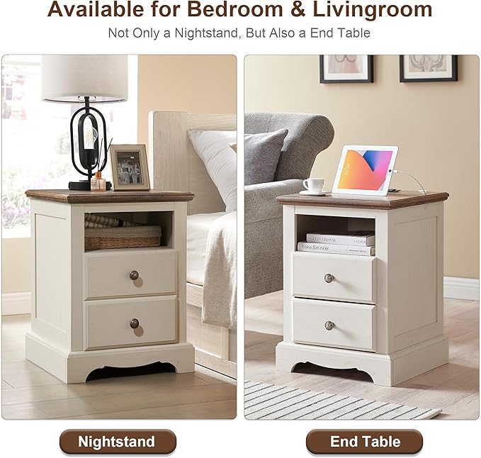 T4TREAM Nightstand with Charging Station, 18 Inch Vintage End Table with 2 Drawers, Wood Rustic Sofa Side Table with Open Storage Shelf for Bedroom, Living Room, Antique White-Ruum Studio Home