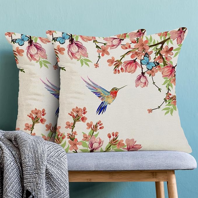 Hummingbird Flower Pillow Covers 20 x 20 Inch Set of 2 for Watercolor Floral and Birds Spring Blooming Decor Throw Pillows Nature Plant Outdoor Decorative Cushion Cases for Couch Bed Decoration-Ruum Studio Home