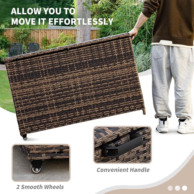 178 Gallon Outdoor Storage Box, Handle Large Portable Wicker Rattan Deck Box for Patio Furniture Cushions, Patio Deck Box with 2 WheelsThrow Pillows, Garden Tools and Pool Floats (Brown)-Ruum Studio Home