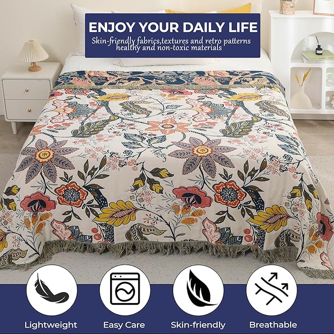 Boho Cotton Throw Blanket - Ultra-Soft Rustic Quilt for Bed, Home Decor & Travel - Large 60"x80" Muslin Blanket - All-Season Lightweight Bedspread & Throw for Women & Moms-Ruum Studio Home