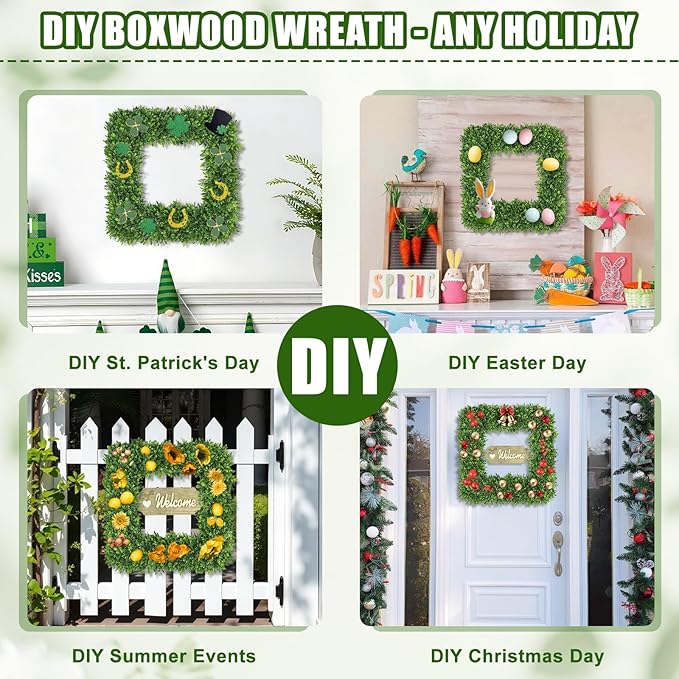 Artgar 20Inch Boxwood Wreath, Spring Wreaths for Front Door, Realistic Green Square Boxwood Wreath for Year-Round Decor, Artificial Summer Wreaths for Wedding Farmhouse Indoor/Outdoor Porch Decor-Ruum Studio Home