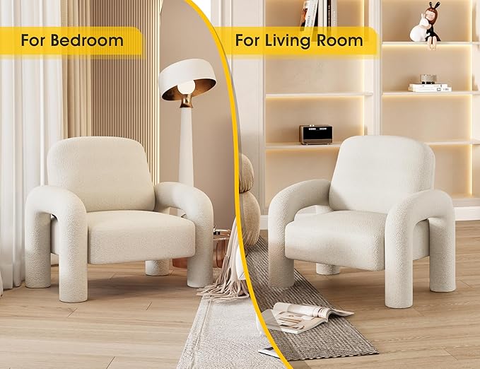 Modern Sherpa Accent Chair, Teddy Upholstered Arm Single Sofa, Cozy Fluffy Reading Chair for Living Room, Bedrooms, Corner (Cream White)-Ruum Studio Home
