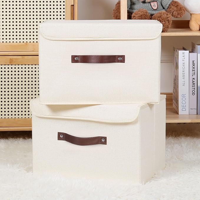 ANMINY 2PCS Storage Bins with Lid PU Leather Handles Storage Boxes PP Plastic Board Decorative Foldable Lidded Cotton Linen Fabric Home Cubes Baskets Closet Organizer Containers - Beige, Large Size-Ruum Studio Home