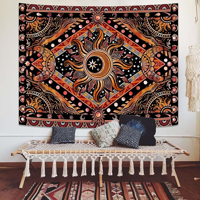 Lunerfex Hippie Sun and Moon Tapestry Bohemian Celestial Tapestries Aesthetic Tapestry for Bedroom and Living Room Decor Sun and Moon 36×48 Inches-Ruum Studio Home