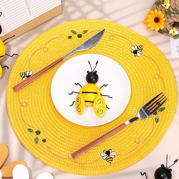 Whaline 4Pcs Round Placemats Bee Sunflower Embroidered Place Mats Bee Floral Dinner Table Mats for Home Spring Summer Holiday Birthday Baby Shower Party Decor-Ruum Studio Home
