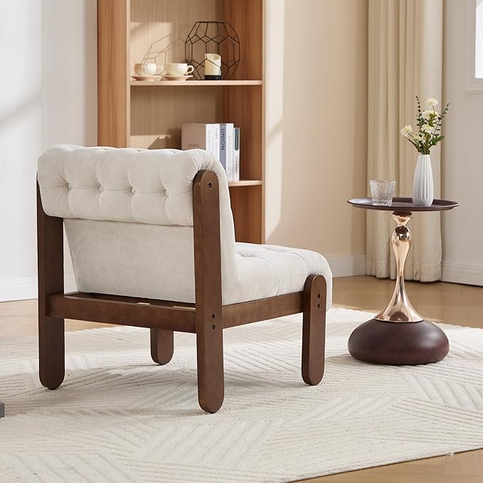Modern Armless Accent Chair for Living Room, Soft Beige Linen Button Tufted Upholstered Lounge Reading Chair with Walnut Wood Frame-Ruum Studio Home