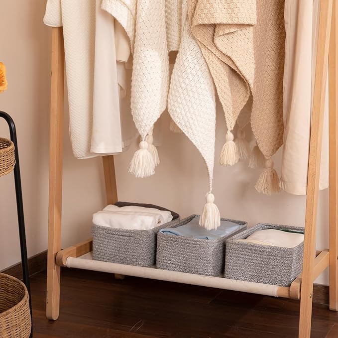 3 Pack Small Storage Baskets for Organizing, Cute Woven Decorative Gift Baskets for Shelves, Mini Closet Organizer Bins with Handles, 11.81''Lx7.87''Wx4.72''H-Grey-Ruum Studio Home