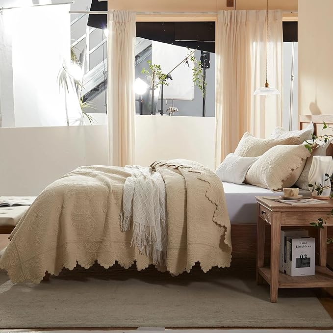 MarCielo 3-Piece 100% Cotton Oversized Bedspread Lightweight Quilt Coverlet Embroidery Farmhouse Bedding Set(TL Beige,Oversized King (118"x106"))-Ruum Studio Home