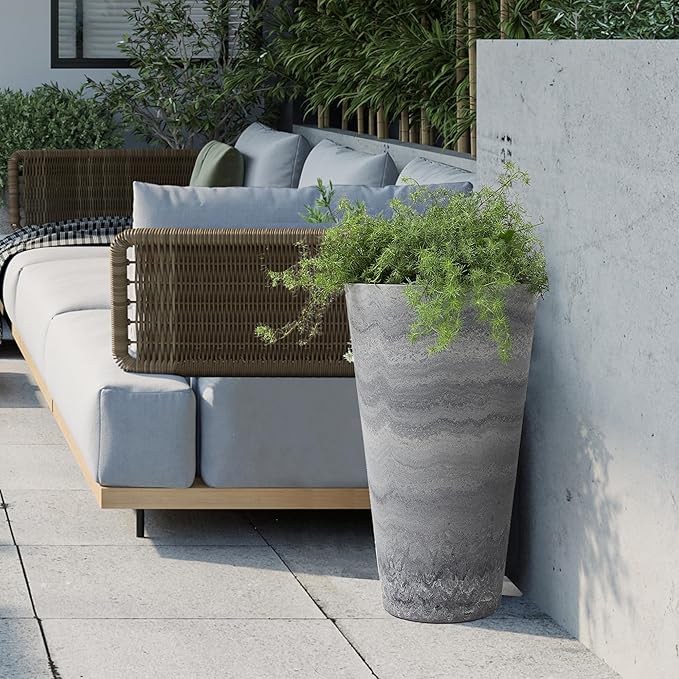 Worth Garden 2-Pack Grey Matte Texture Round Tapered Planter - 24.5" H. Tall Plastic Plant Pots with Drain Hole for Indoor Outdoor - Modern Decorative Flower Pots for Front Porch, Patio, Deck-Ruum Studio Home