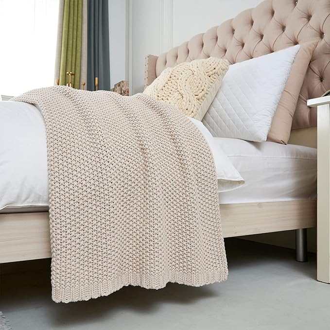 Longhui bedding Chunky Cable Knit Throw Blanket Lightweight Beige 100% Organic Cotton Blanket for Sofa Couch Bed Baby Nursery, Rustic Shabby Chic Modern Farmhouse, 60” x 80”-Ruum Studio Home