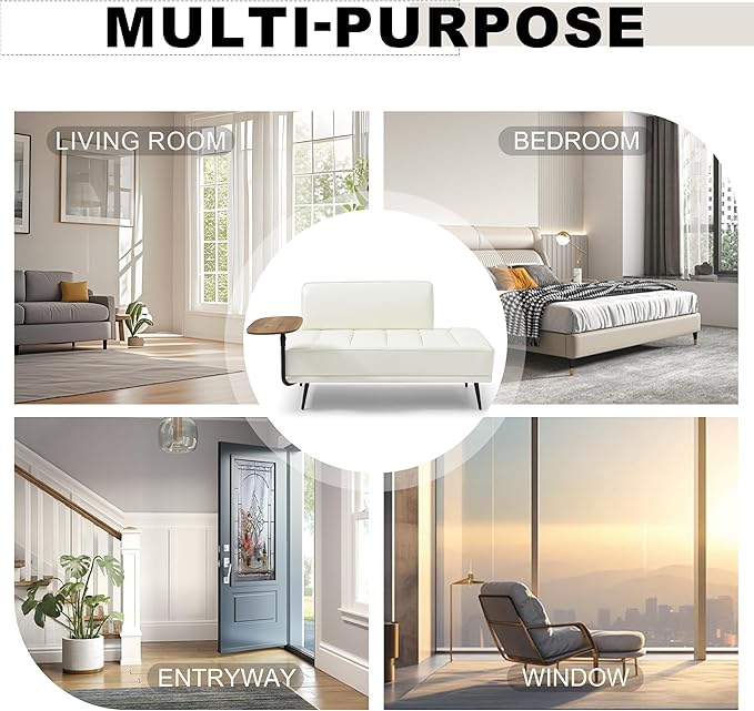 Sofa,Bed Bench,Small Spaces Furniture,Polyurethane Leather,Wood Frame,High Density Sponge Infillings,360-Degree Swivel Tray,Black Metal Leg (Beige)-Ruum Studio Home