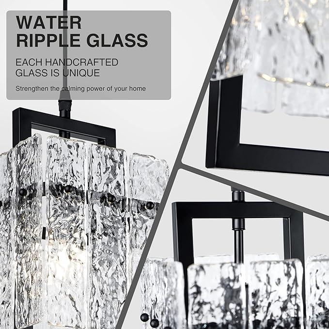 IKK Black Crystal Pendant Light for Kitchen Island, Luxury Water Ripple Glass Chandelier Lights Fixture, Modern Elegant Adjustable Pendant Lighting for Dining Room Bedroom, E12 Bulb, L6.5'' x H11.8''-Ruum Studio Home