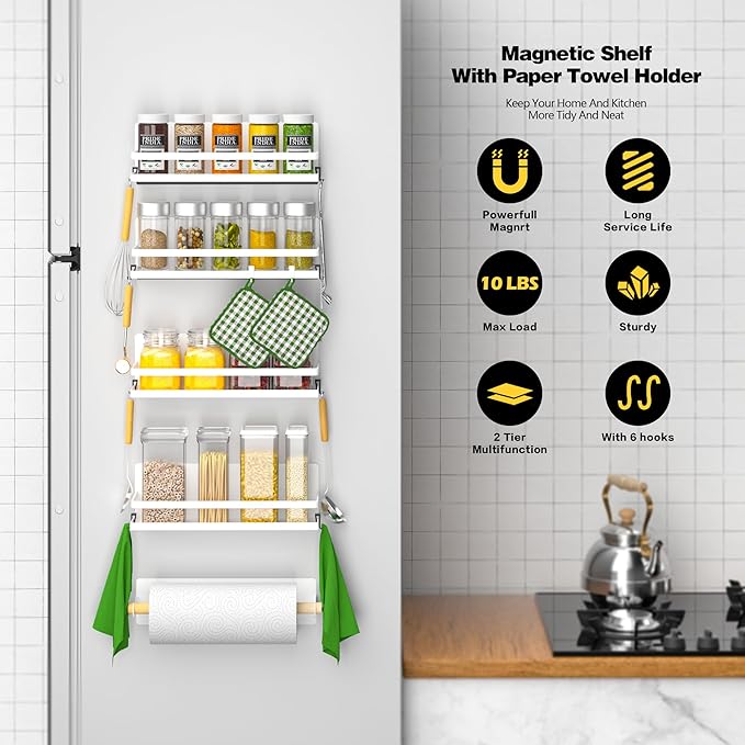 Magnetic Spice Rack for Refrigerator Moveable Magnetic Shelf Organizer with Paper Towel Holder Kitchen Refrigerator Storage Rack Fridge Magnet Organizer,White,3 Packs-Ruum Studio Home
