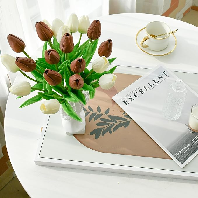 Mandy's Artificial Tulips 20 Stems White and Brown PU Faux Flowers for Wedding Home Decor 13.5 Inch-Ruum Studio Home