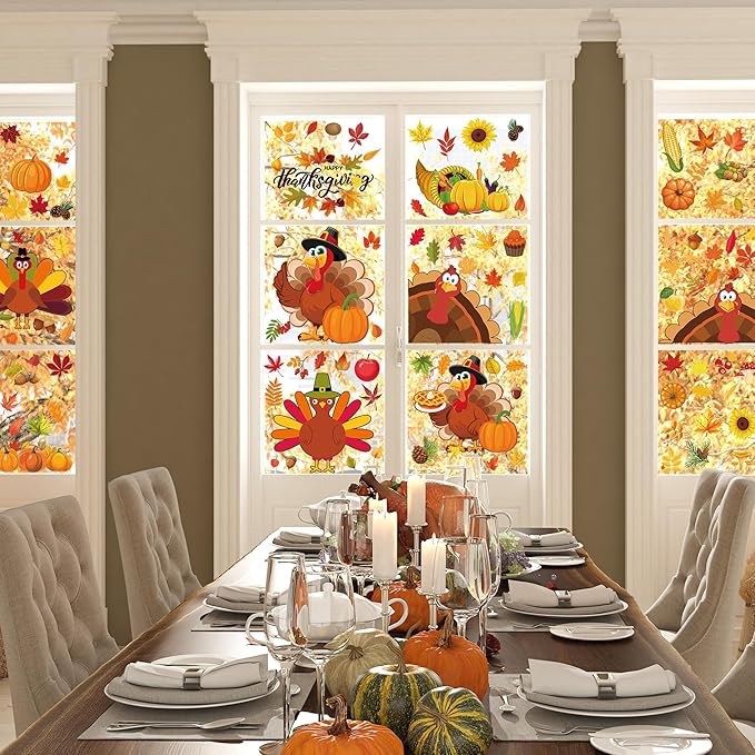 9 Sheets Thanksgiving Window Clings, 115PCS Thanksgiving Decorations Window Stickers, Turkey Decal Stickers with Cute Cones Nuts Maple Leaves Patterns for Fall Harvest Decorations Decor Accessories-Ruum Studio Home