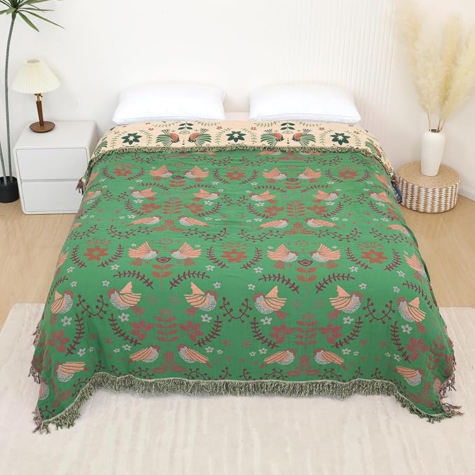 Boho Throw Blanket for Bed, 100% Pure Cotton Ultra Soft Rustic Quilt, Farmhouse Decor Bed Blankets, All Season Rustic Throw for Sofa Couch Chair(91''x 98'', Bird B)-Ruum Studio Home