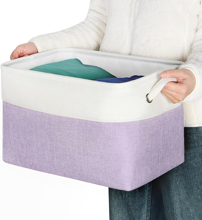 Kntiwiwo Foldable Storage Bins 15" x 10" x 9.5" Fabric Storage Basket Cube with Handles Large Linen Closet Organizer Bins for Organizing Shelf Home, Set of 3, Purple-Ruum Studio Home