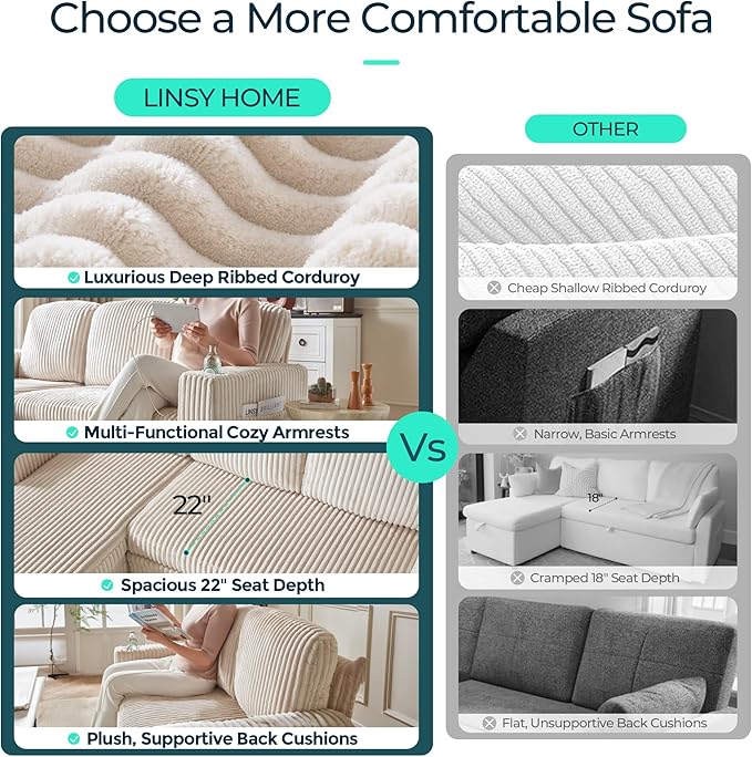 LINSY HOME Loveseat Sofa with Pull Out Couch Chaise: 2-in-1 Convertible 2 Seater Sofa with USB Charging & Cup Holders, Comfy Plush Corduroy Love Seat for Small Spaces Living Room Apartment, Beige-Ruum Studio Home