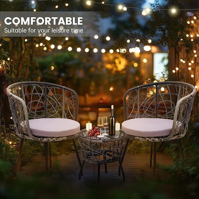 Kromax 3 Piece Bistro Set, Modern Outdoor Wicker Patio Furniture with Tempered Glass Table Top and 2 Chairs, Washable Cushions, Grey Rattan and Grey Cushion-Ruum Studio Home