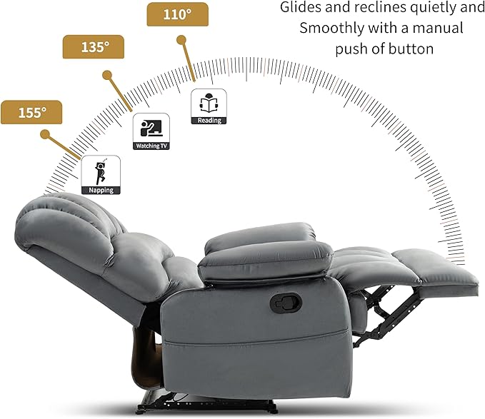 Luxlen Manual Recliner Chair, Reclining Chair with Overstuffed Armrest and Backrest, Living Room Single Sofa Recliners,Light Grey-Ruum Studio Home