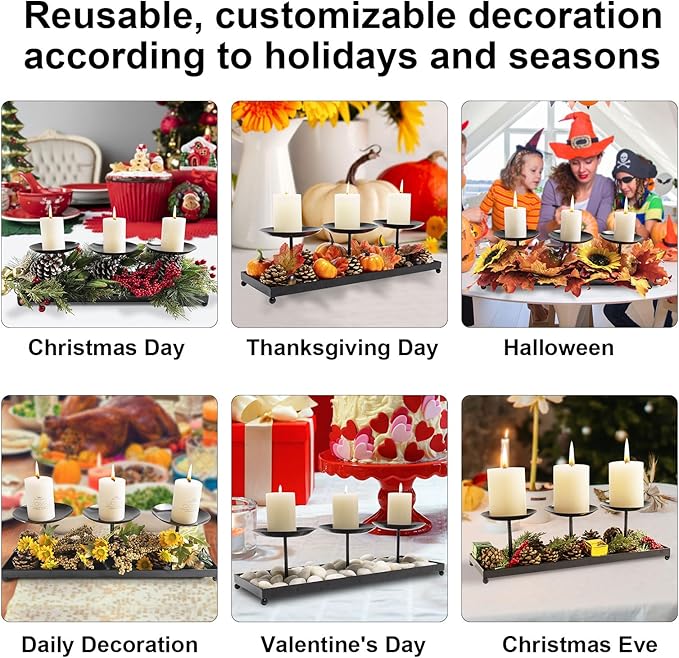 3 Pillar Black Metal Candle Holders for Table Centerpiece, Fall Thanksgiving & Halloween Dining Table, Fireplace Mantel Decor, Tray Candlestick for Living Room Rustic Decorations-Ruum Studio Home
