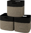 OIAHOMY 13 Kallax Inch Cube Storage Bins, 3-Pack Cotton Rope Woven Baskets for Organizing, Kallax Insert Storage Baskets for Shelves, Baby Nursery, Closet Organizer, 13*13*12.6IN, Black & Mixed Brown-Ruum Studio Home