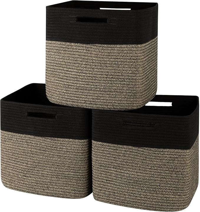 OIAHOMY 13 Kallax Inch Cube Storage Bins, 3-Pack Cotton Rope Woven Baskets for Organizing, Kallax Insert Storage Baskets for Shelves, Baby Nursery, Closet Organizer, 13*13*12.6IN, Black & Mixed Brown-Ruum Studio Home