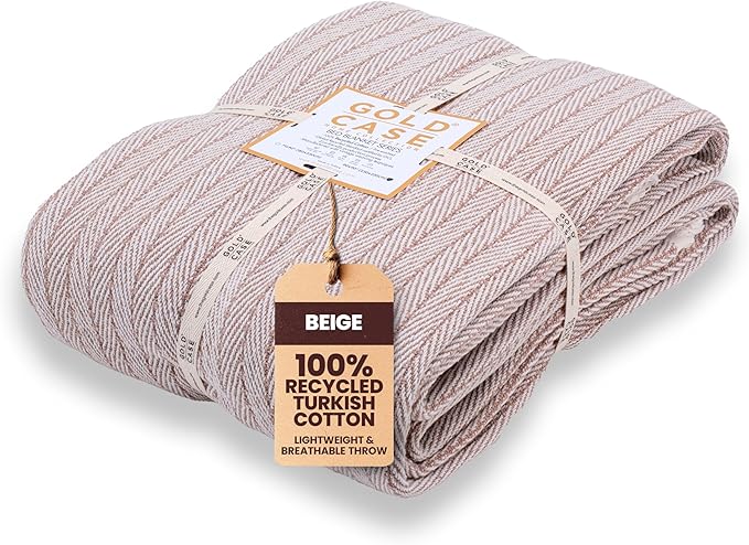 Gold Case Throw Blanket for Bed – 100% Recycled Turkish Cotton Bed Blanket – Decorative Throw Cotton Blankets for Living Room & Bedroom – Woven Twin Blankets – Vintage Beige – 71x90-Ruum Studio Home