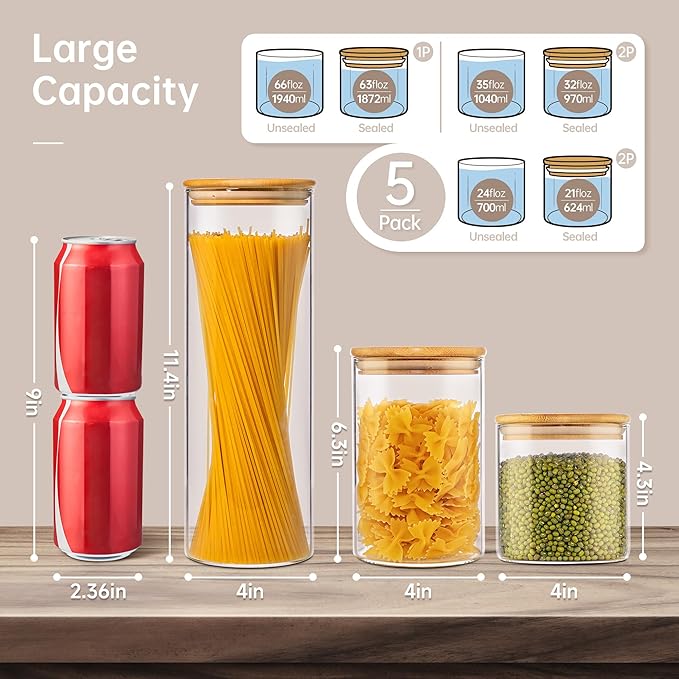 Multi Size - 5 Pack Glass Jars with Bamboo Lids, Glass Pantry Storage Containers with Airtight Lids, Round Air Tigh Food Storage Canisters for Cereal, Pasta, Flour, Sugar, Best for Kitchen Organizer-Ruum Studio Home