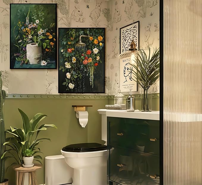 3Pcs Vintage Dark Green Bathroom Wall Art Shower Toilet Paper Roll Floral Poster Print Modern Farmhouse plants Painting Picture Wall Decor For Bathroom Living Room Decoration Unframed-Ruum Studio Home