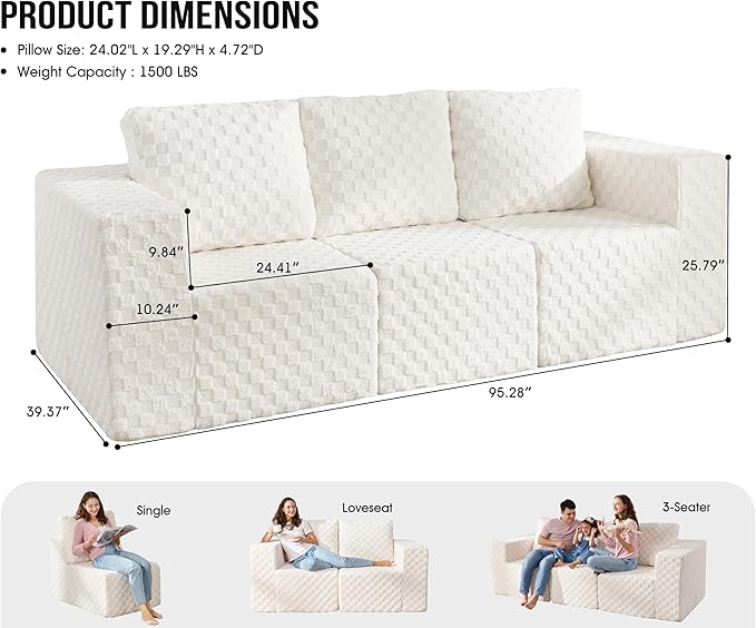 Modular Sectional Sofa 3-Seater Modular Couch with Deep Seat Memory Foam Cloud Chair with Pillows Oversized Sectional Sofa for Living Room Bedroom (Plush White, 3-Seater)-Ruum Studio Home