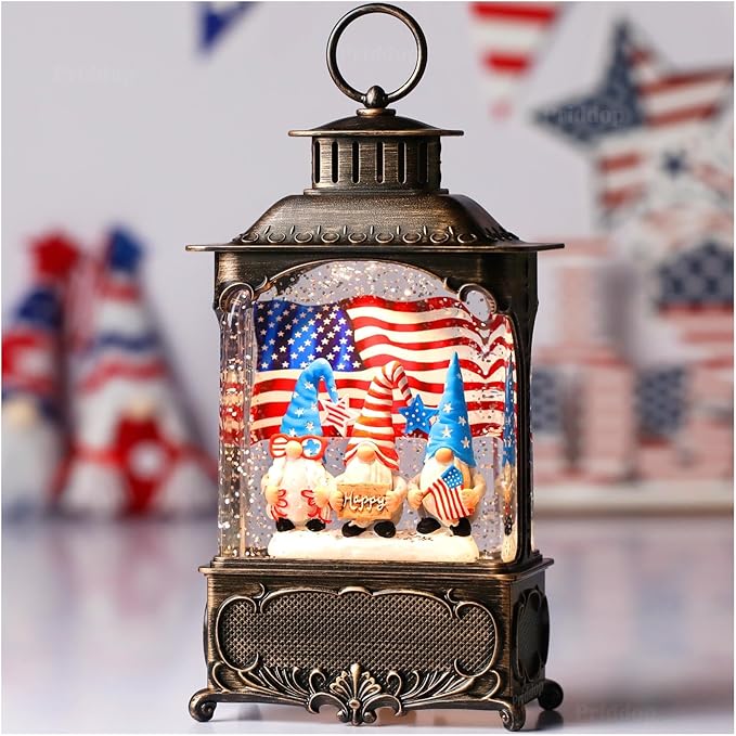 Gnome Snow Globe Lantern 4th of July Decorations with Timer, USB and Battery Powered 4th of July Shirts Patriotic Gnomes and American Flag Independence Day 10.2 inch-Ruum Studio Home