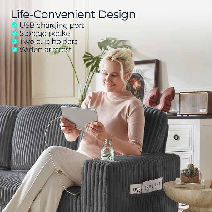 LINSY HOME Loveseat Sofa with Pull Out Couch: 2-in-1 Convertible 2 Seater Sofa Chaise with USB Charging & Cup Holders, Comfy Plush Corduroy Love Seat for Small Spaces Living Room Apartment, Grey-Ruum Studio Home