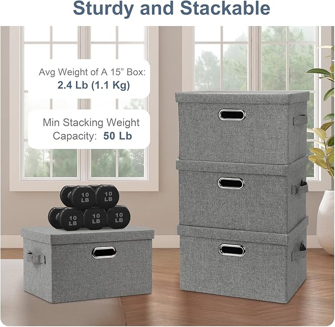 Medium 15" 21 Quart Collapsible Stackable Storage Bins with Lids, 1 Pack Gray Foldable Fabric Closet Storage Boxes with Lids, 4 Handles Heavy-duty Linen Cube Baskets for Bedroom-Ruum Studio Home