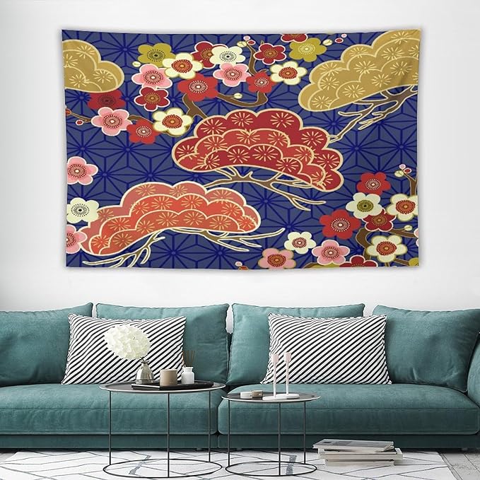 HZOHNAGO Japanese Tapestry Art Abstract Colorful Cherry Blossom Blue Background Pattern Printed Wall Tapestry Painting Wall Hanging for Bedroom Living Room Dorm 60" W x 40" H-Ruum Studio Home
