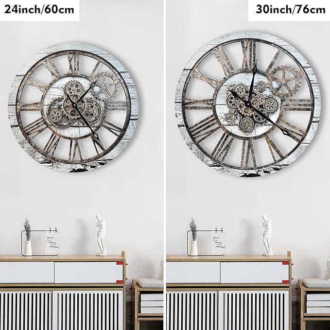 The B-Style Large Real Moving Gears Wall Clock 30 inch Rustic Retro Industrial Farmhouse Wood Clock Oversized Decorative Vintage Wall Clocks for Living Room (Gray White, 30 Inch/76CM)-Ruum Studio Home