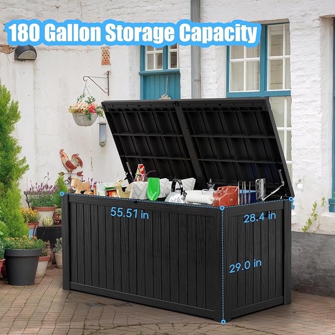 DRATO 180 Gallon Deck Box, Waterproof Resin Large Outdoor Storgae Box for Patio Furniture, Patio Cushions, Gardening Tools, Pool and Sports Supplies, Lockable-Ruum Studio Home