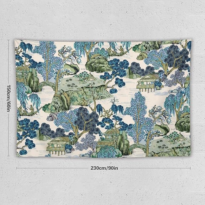 Chinoiserie Tapestry, Asian Watercolor Abstract Art, Japanese Wall Tapestry, Nature Landscape Tapestries for Bedroom, Living Room Decor 90"x60"-Ruum Studio Home