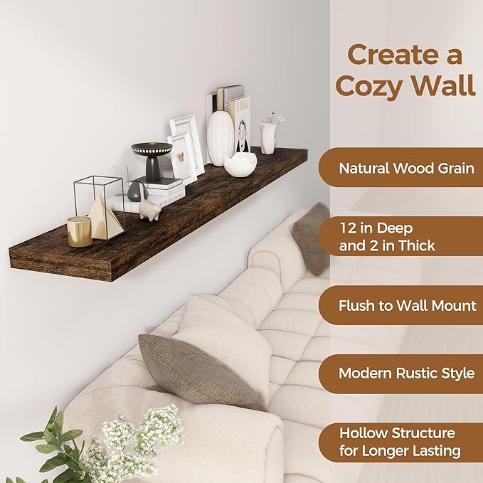 Fun Memories 72 Inch Floating Shelf, 12 Inch Deep Wall Shelf for Fireplace Mantel, Deep Storage Shelves for Home & Office, Wall Shelves with Invisible Bracket, Rustic Brown, Set of 1-Ruum Studio Home