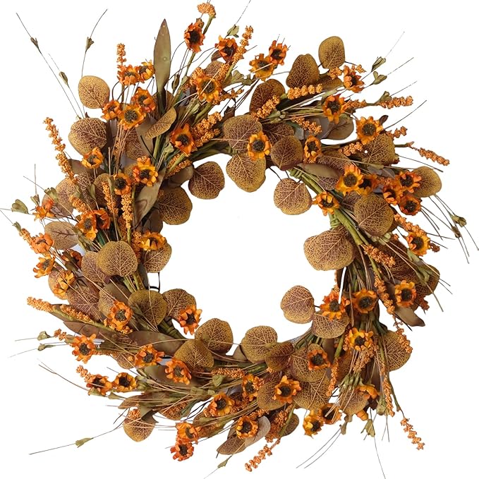 22 Inch Fall Wreath for Front Door Artificial Autumn Wreath with Eucalyptus Leaves Wild Flowers Harvest for Festival Thanksgiving Halloween Farmhouse Wall Home Decor-Ruum Studio Home