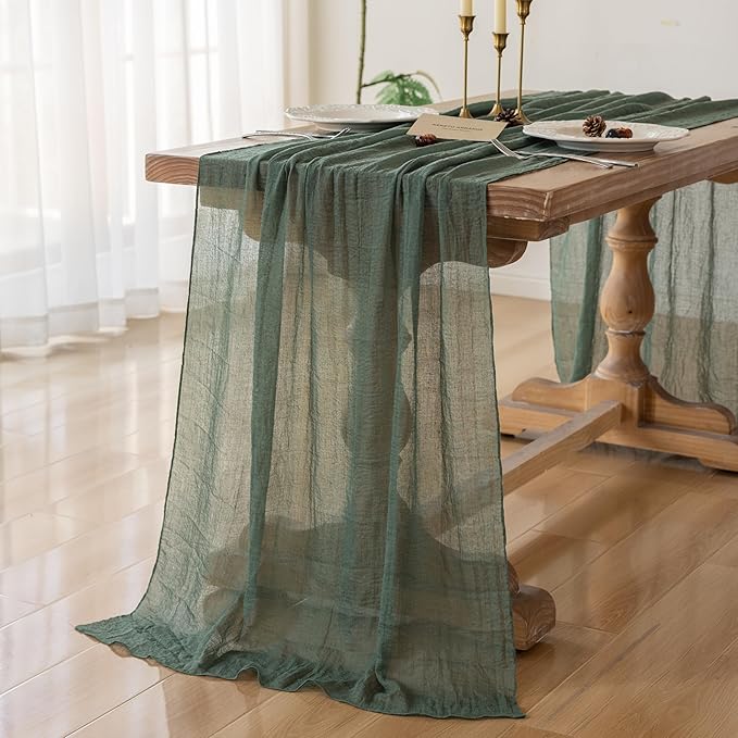 6Pcs Forest Green Gauze Rustic Cheesecloth Table Runner 120 Inch 10 FT for Wedding Baby Shower Bridal Shower Birthday Engagement Garden Outdoor Party Long Sheer Boho Decorations-Ruum Studio Home