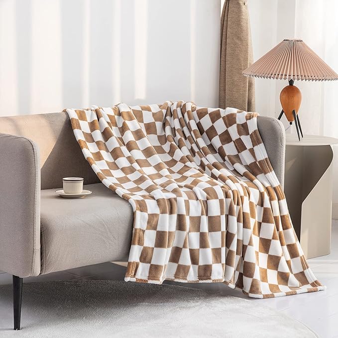 LOMAO Throw Blankets Flannel Blanket with Checkerboard Grid Pattern Soft Throw Blanket for Couch, Bed, Sofa Luxurious Warm and Cozy for All Seasons (Khaki, 90"x90")-Ruum Studio Home