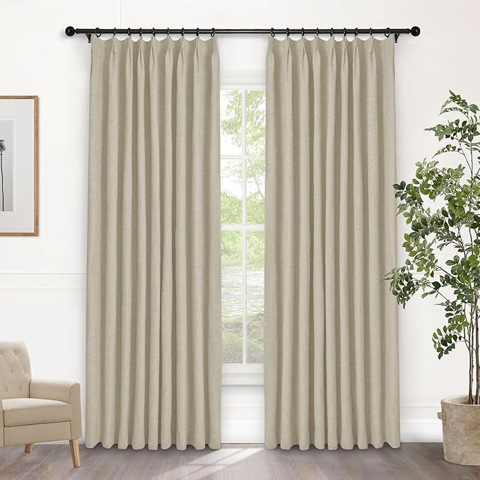Macochico 52”Wx96”L 100% Blackout Curtains for Bedroom Living Room Nursery Beige Pinch Pleated Linen Curtains Farmhouse Burlap Drapes Thermal Window Panels with Hooks and Tieback 1 Panel-Ruum Studio Home