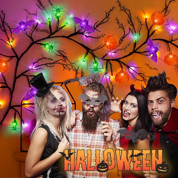 [8 Modes & Timer] 6 Ft Halloween Willow Vine Twig Decor Garland with Bats Pumpkins Spiders Lights, 54 LED Battery Operated Halloween Lights for Indoor Home Mantle Fireplace Decor-Ruum Studio Home